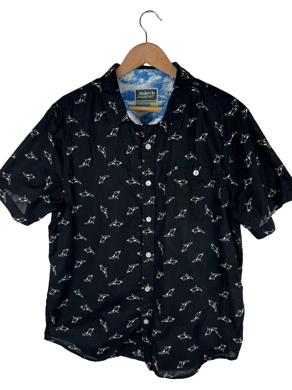 Modern Amusement Killer Whale Print Short Sleeve Button Up Shirt Mens L Cotton
